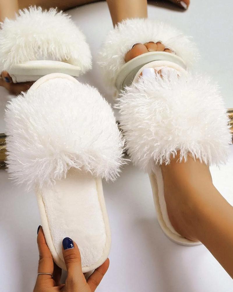 

Peep Toe One Strap Fuzzy Slippers, Beige
