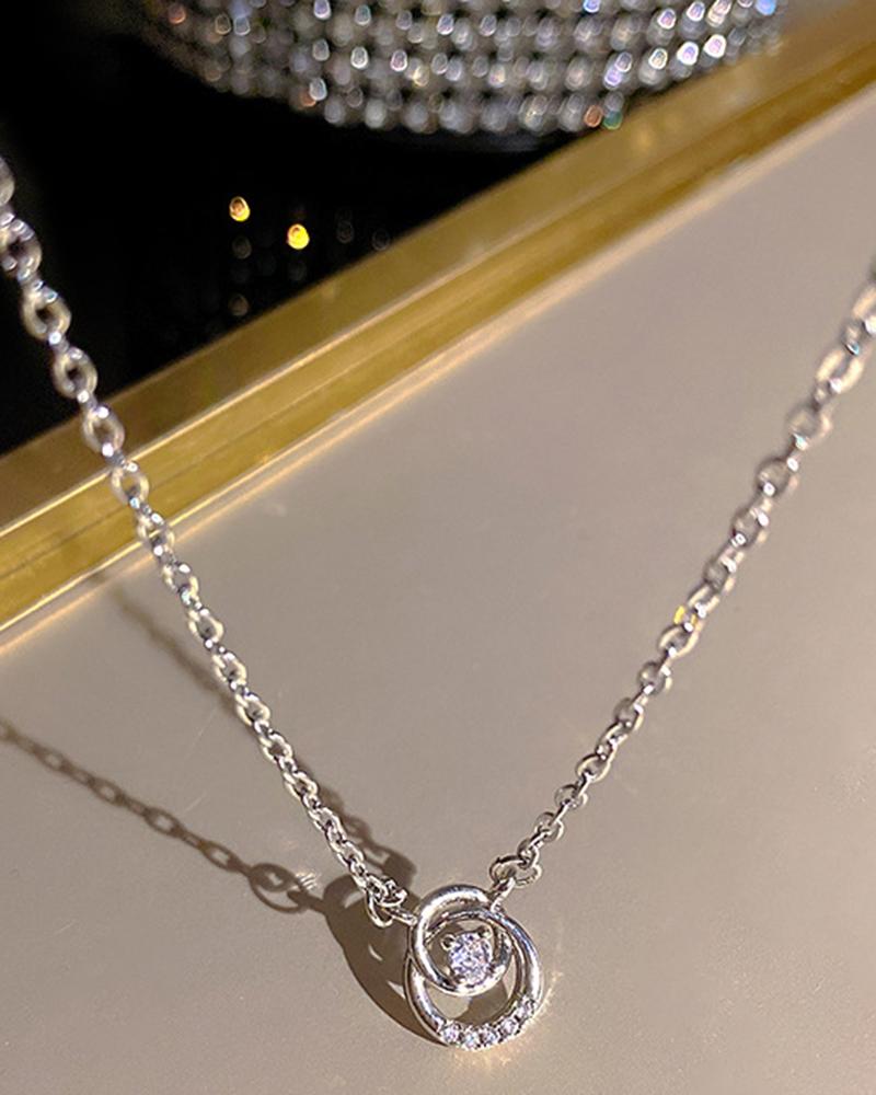 

1pc Zircon Double Ring Pendant Chain Necklace, Silver