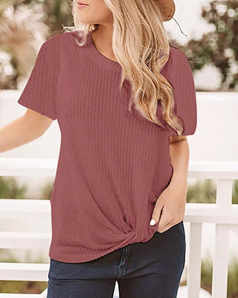 

Solid Round Neck Twisted Casual T-shirt, Pink