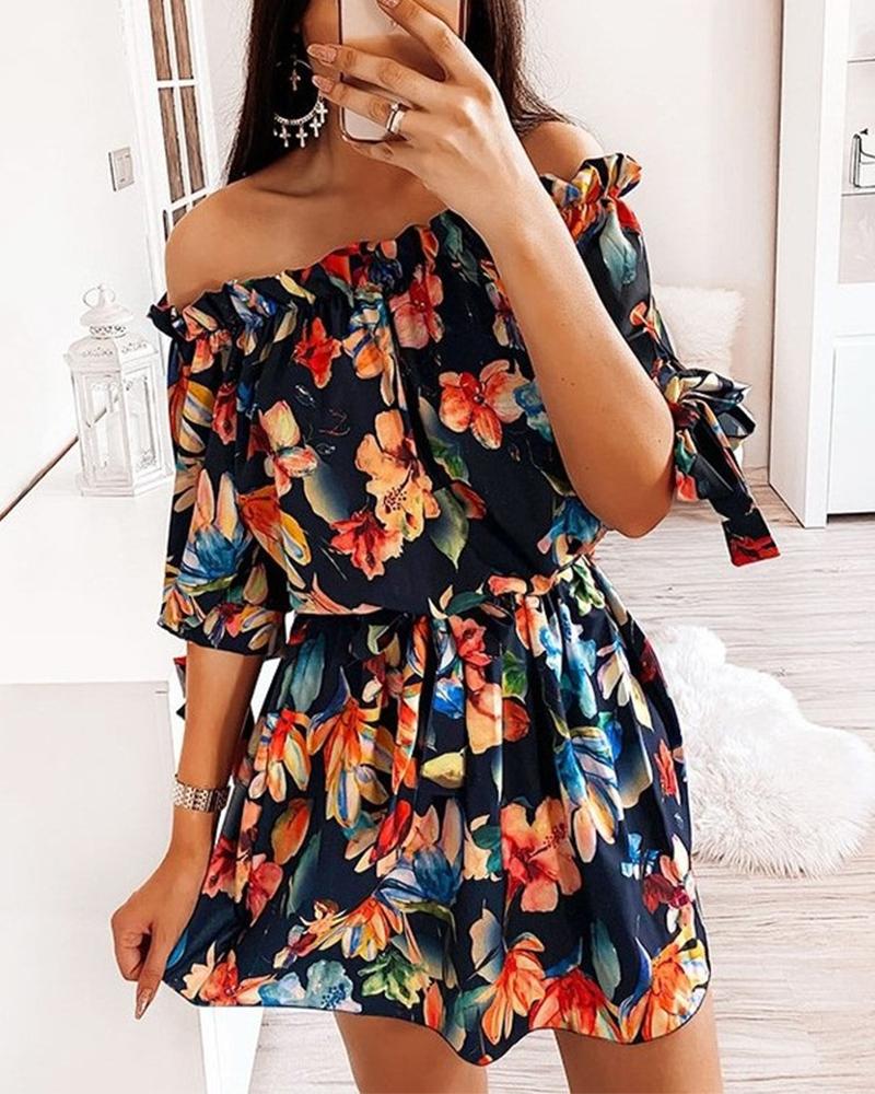 

Floral Print Waist Elastic Off Shoulder Dress, Multicolor