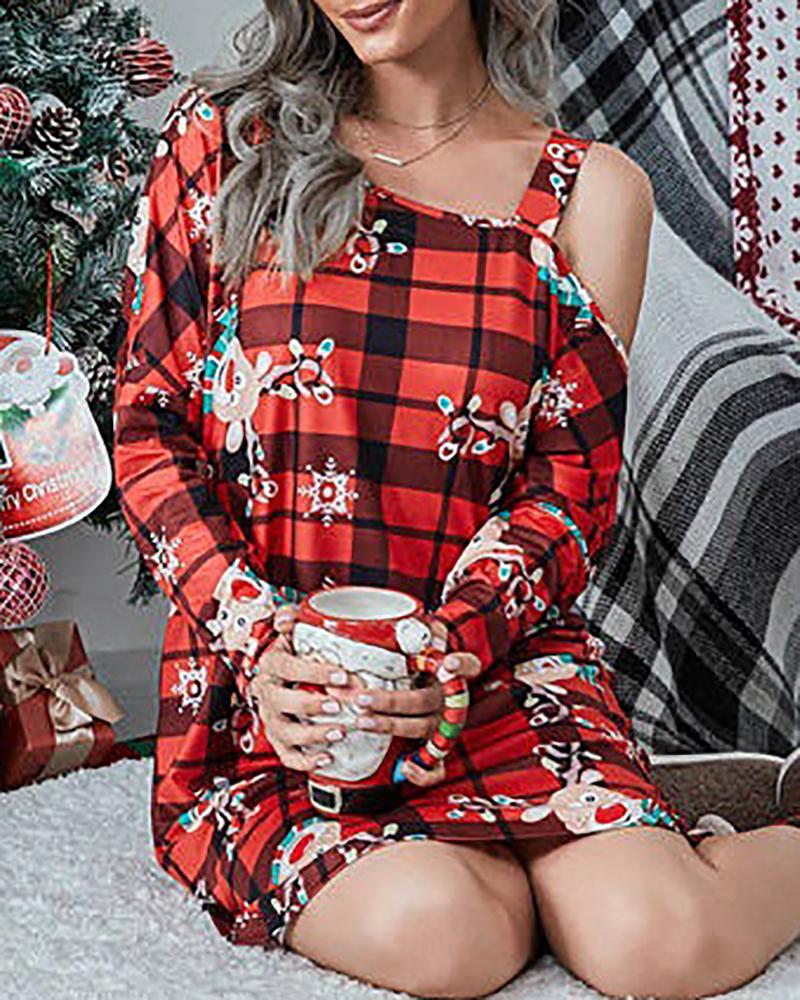 

Christmas One Shoulder Mixed Print Long Sleeve Dress, Style2