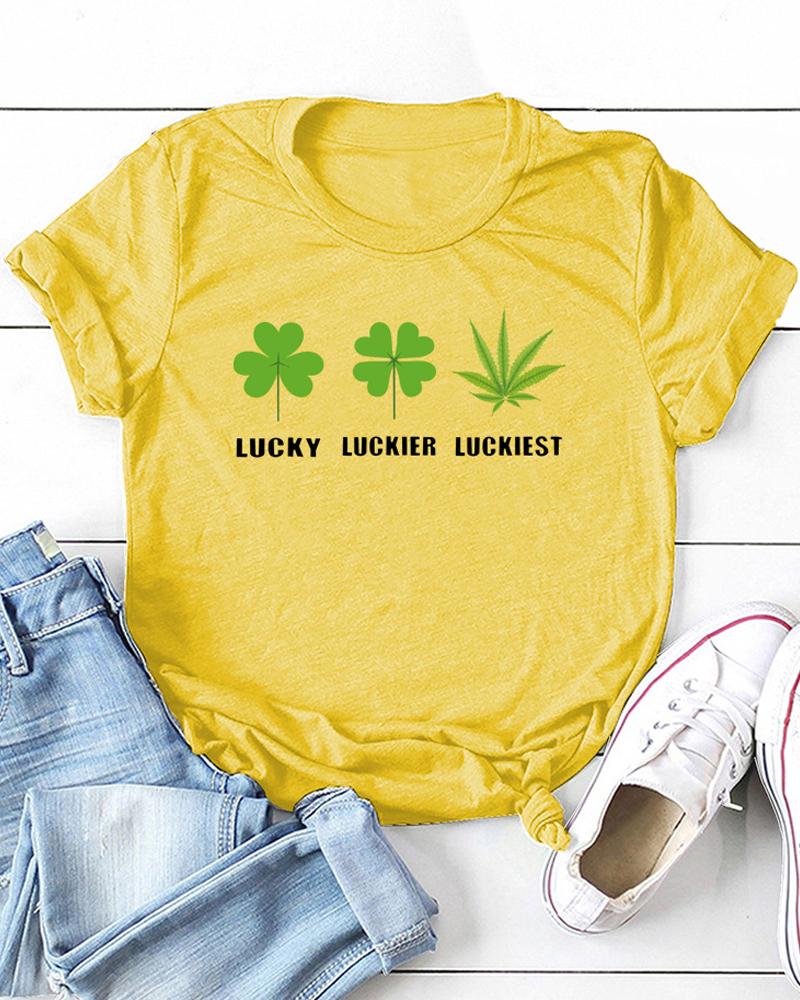 

St.Patrick' Day Clover Print Short Sleeve T-Shirt, Yellow