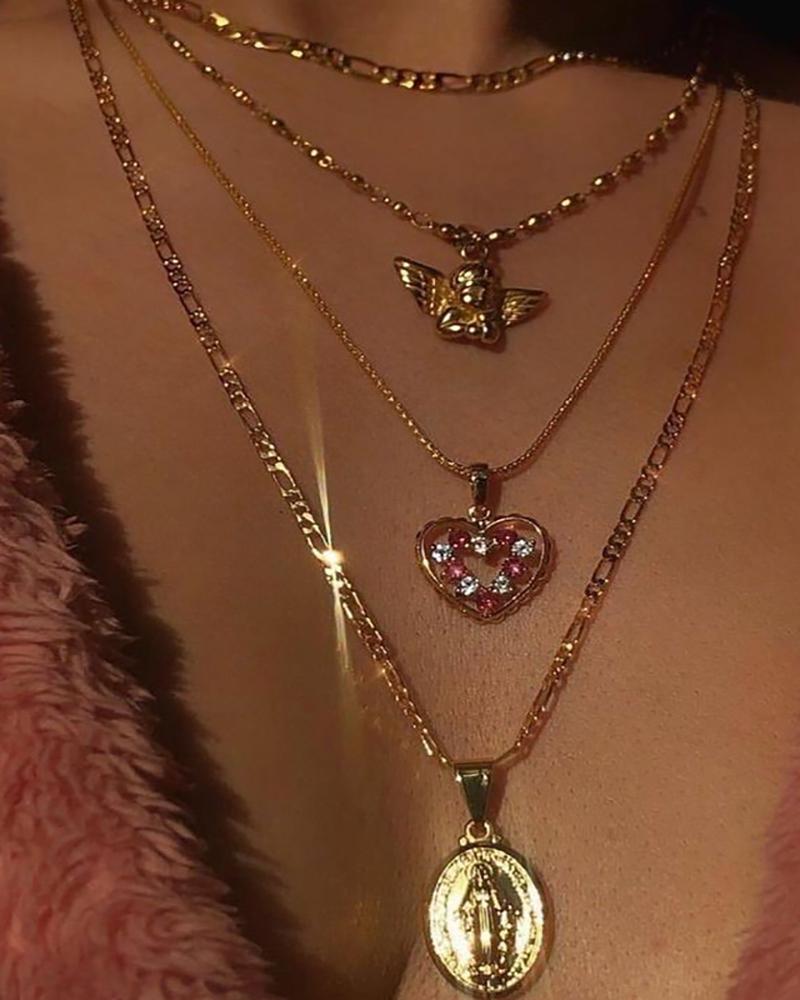 

Heart & Angle & Figure Pendant Layered Necklace, Gold