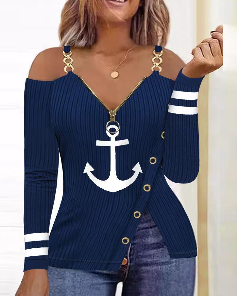 

Anchor Print Cold Shoulder Zipper Design Top, Blue