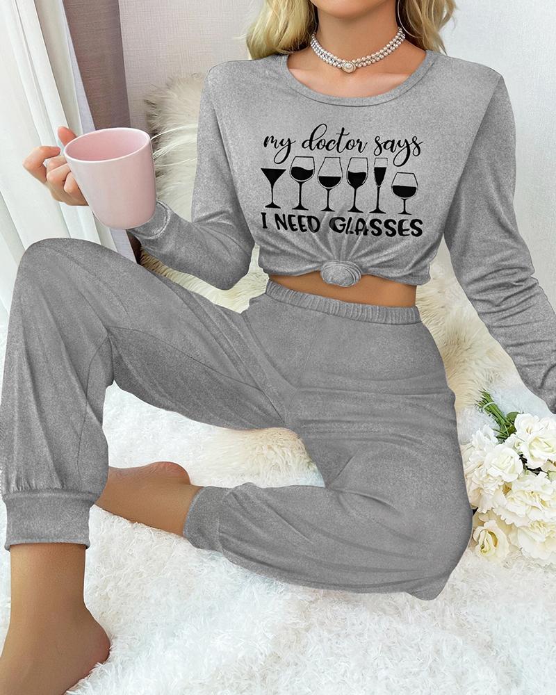 

Slogan Wine Glass Print Round Neck Pajamas Set, Gray