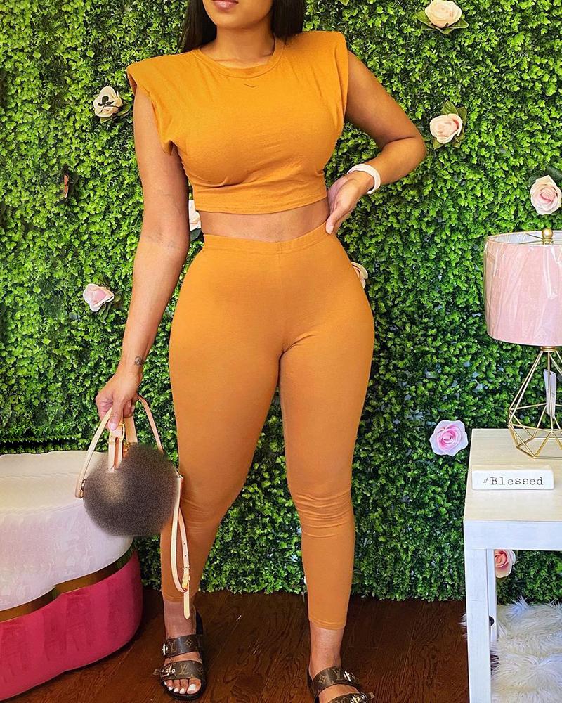

Padded Shoulder Crop Top & High Waisted Pants Set, Yellow
