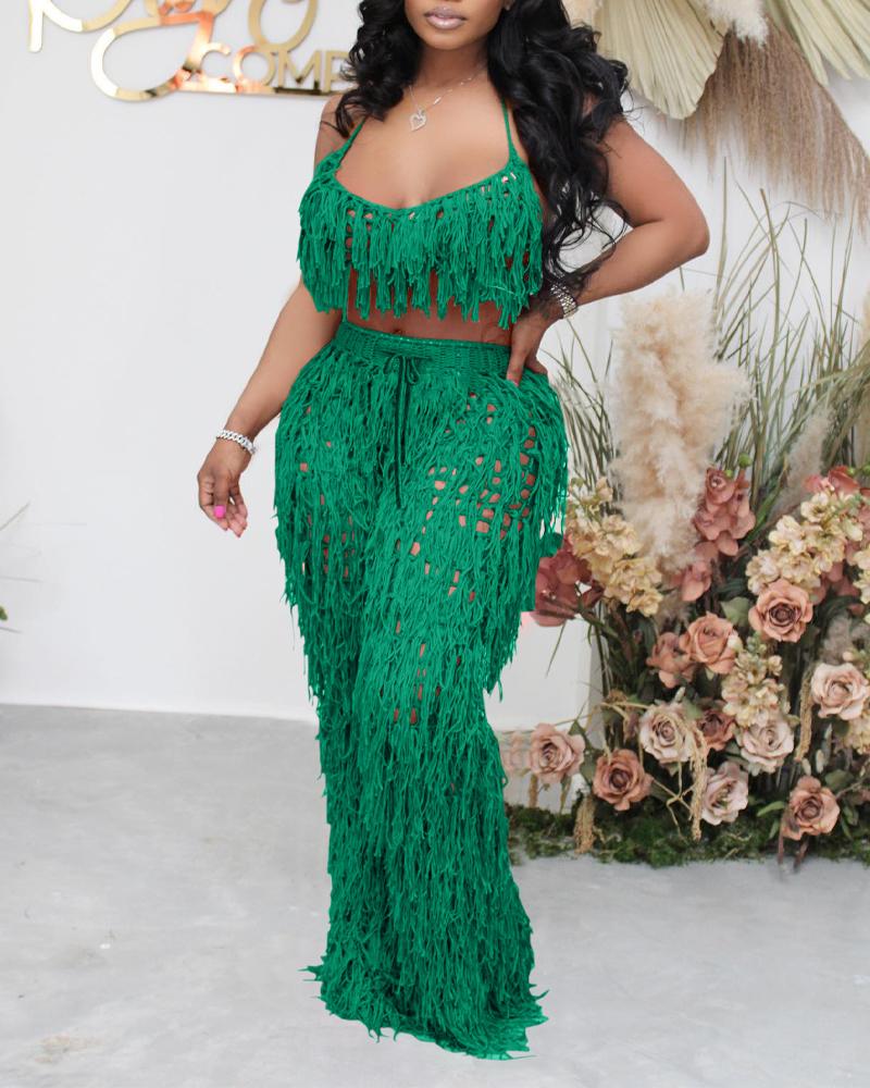 

Halter Tassel Design Crochet Bikini Top & High Waist Pants Set, Green