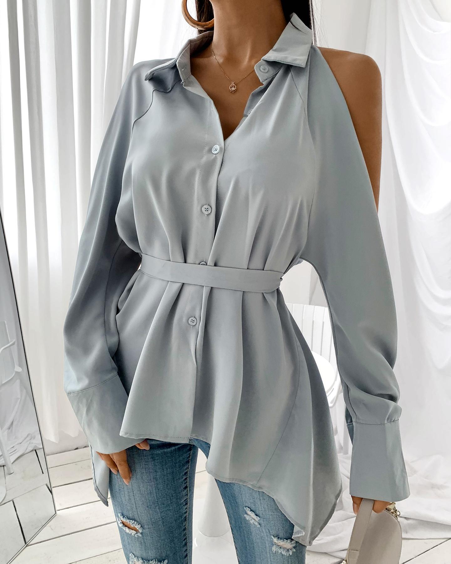 

Cold Shoulder Button Design Cutout Back Shirt, Gray