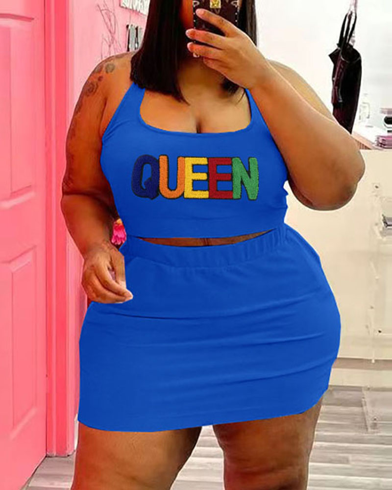 

Plus Size Embroidery Letter Crop Tank Top & Skirt Set, Blue