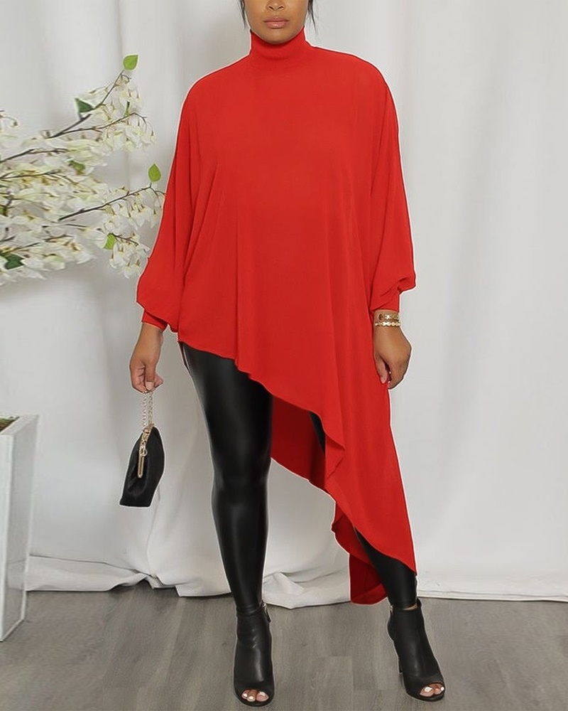 

Lantern Sleeve Asymmetrical Hem Top, Red