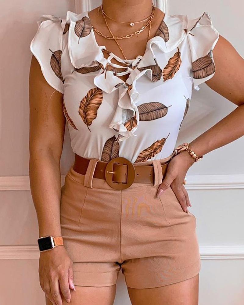 

Tropical Print Frill Hem Top & Shorts Set, Khaki