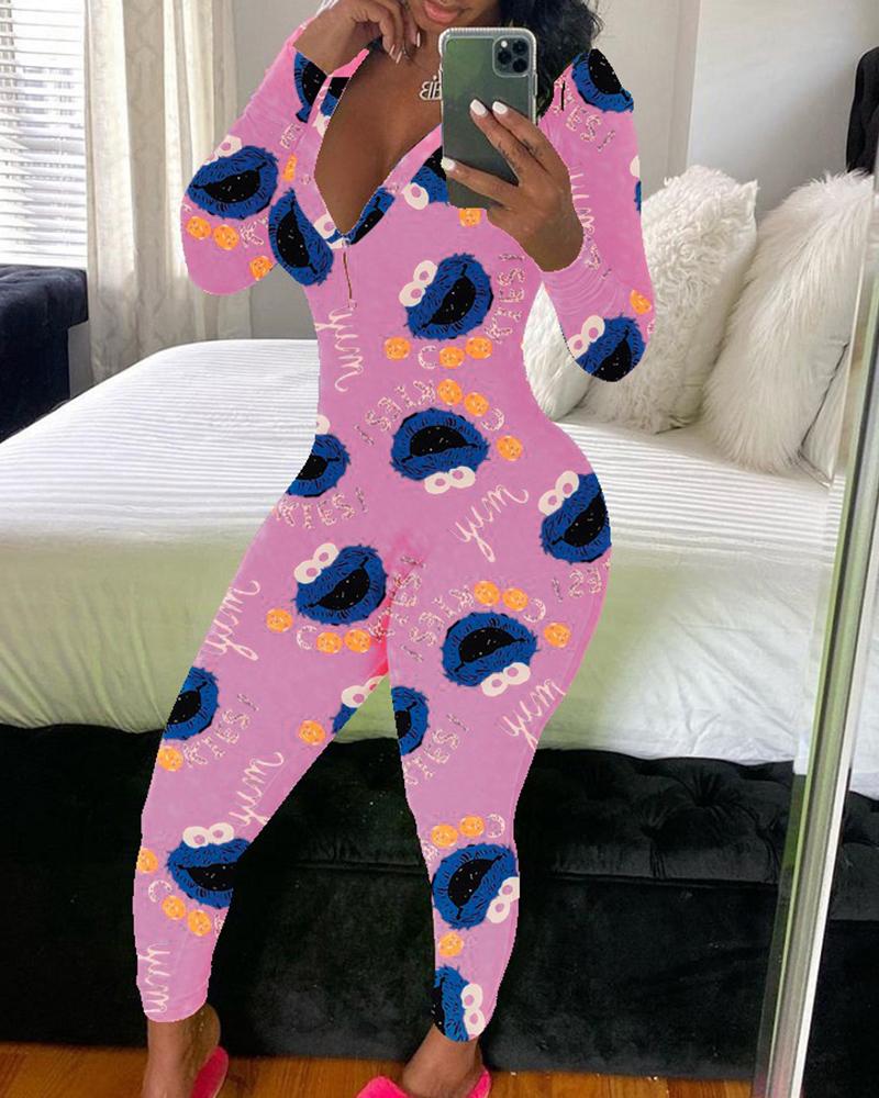

All Over Print Plunge Long Sleeve Jumpsuit, Style15