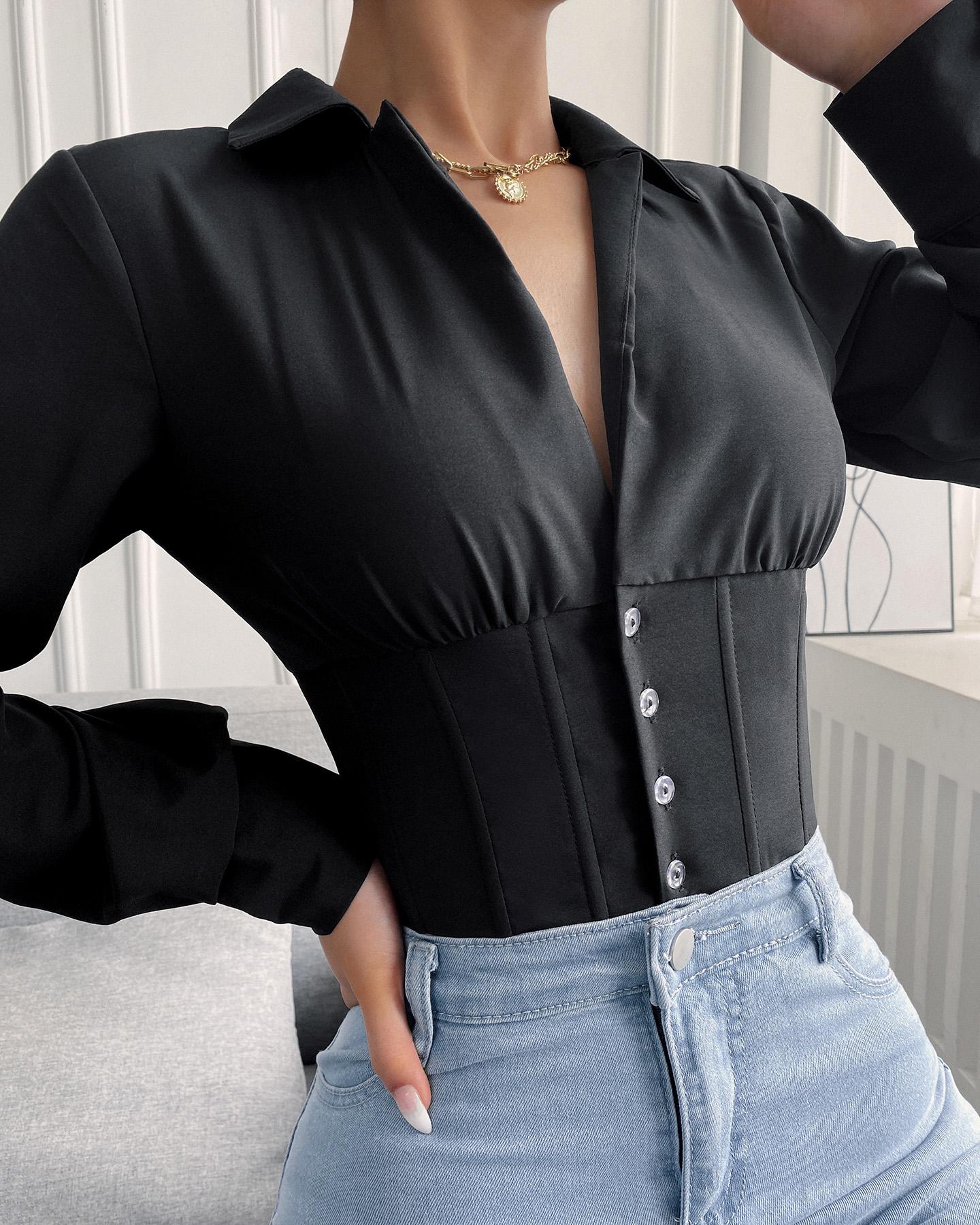 

Button Design Eyelet Lace Up Plunge Long Sleeve Shirt, Black