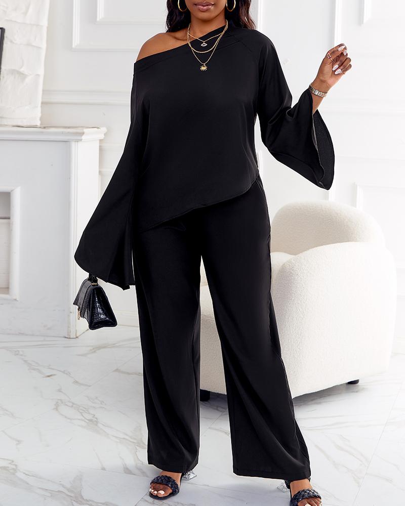 

Skew Neck Top & Wide Leg Pants Set, Black