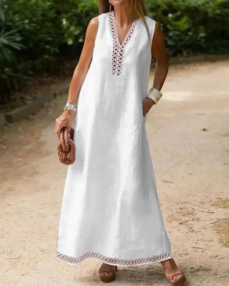 

Sleeveless Contrast Lace Hollow Out Vacation Dress, White
