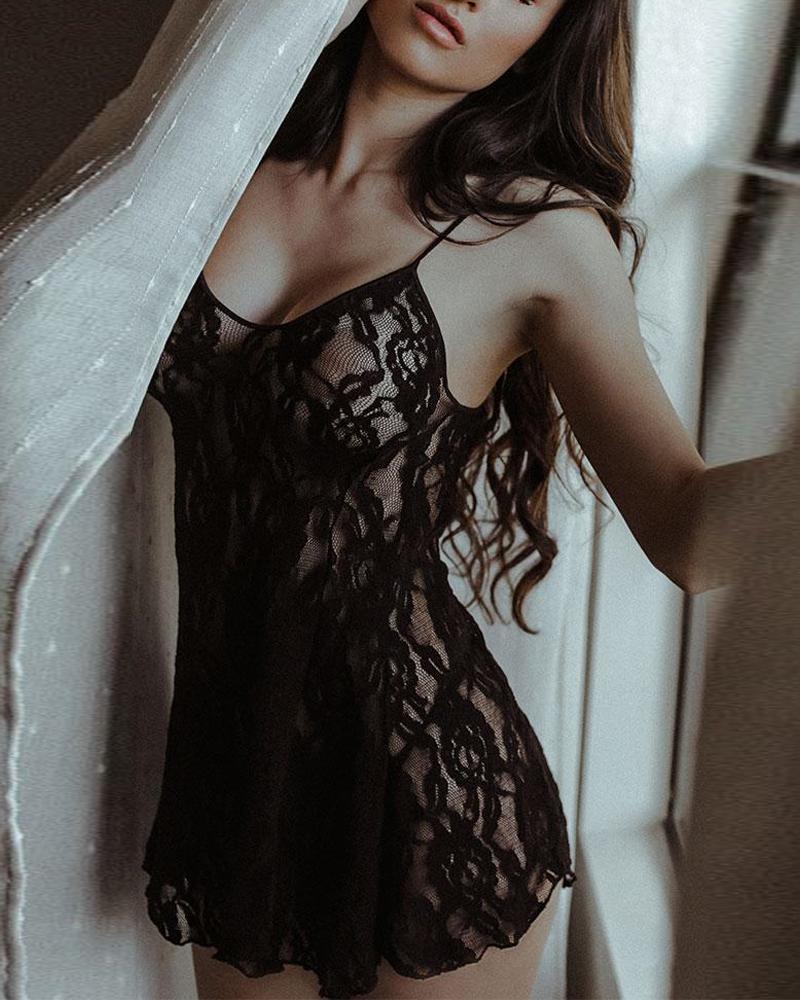 

See Through Lace Babydoll Slips With Thong, Black
