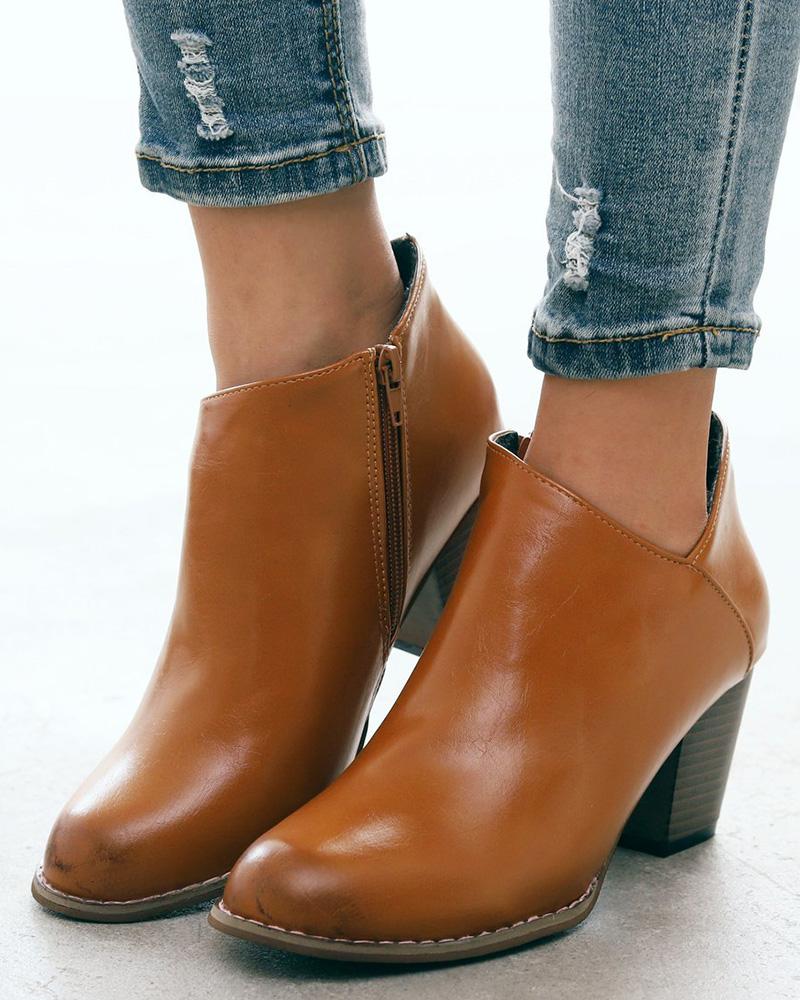 

Side Zipper Chunky Heel Ankle Boots, Brown