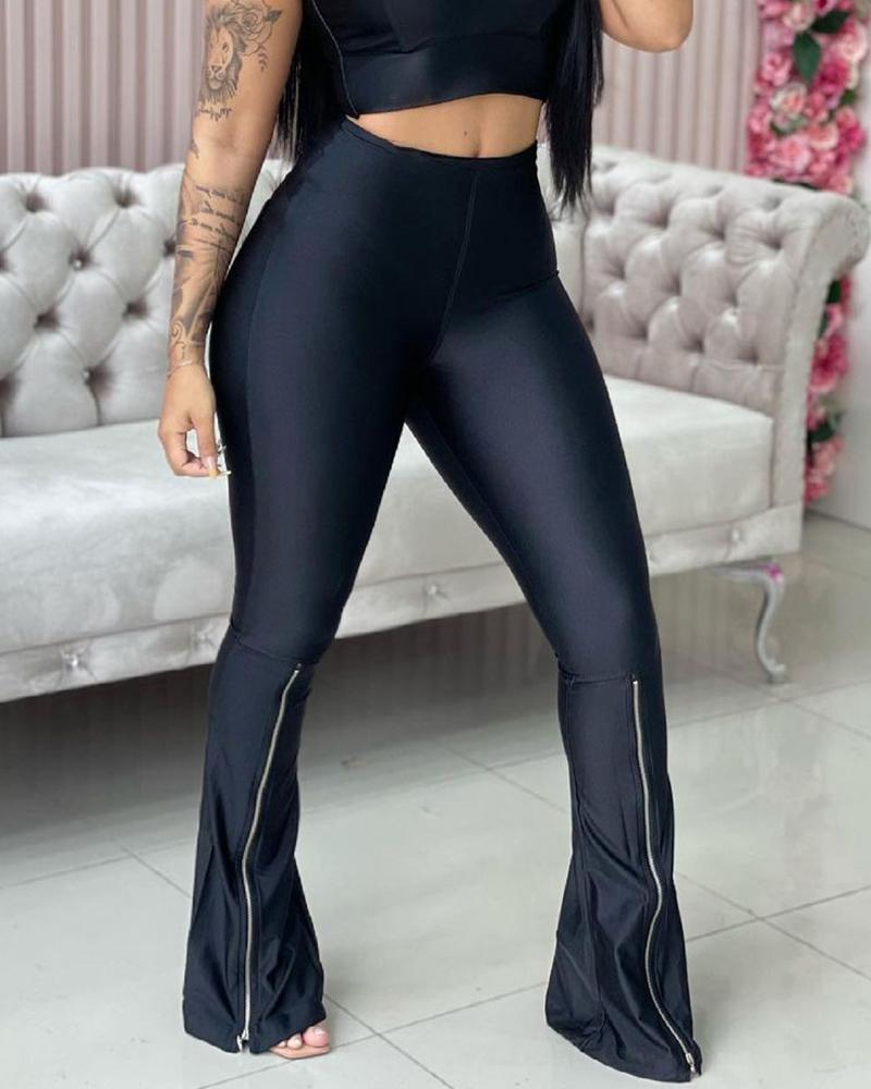 

Zipper Design High Waist Bootcut Pants, Black