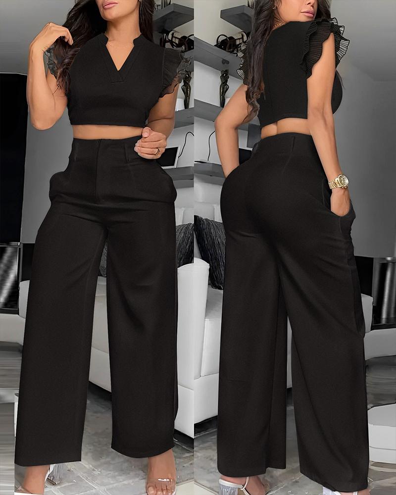 

Notch Neck Flutter Sleeve Crop Top & Wide Leg Pants Set, Black