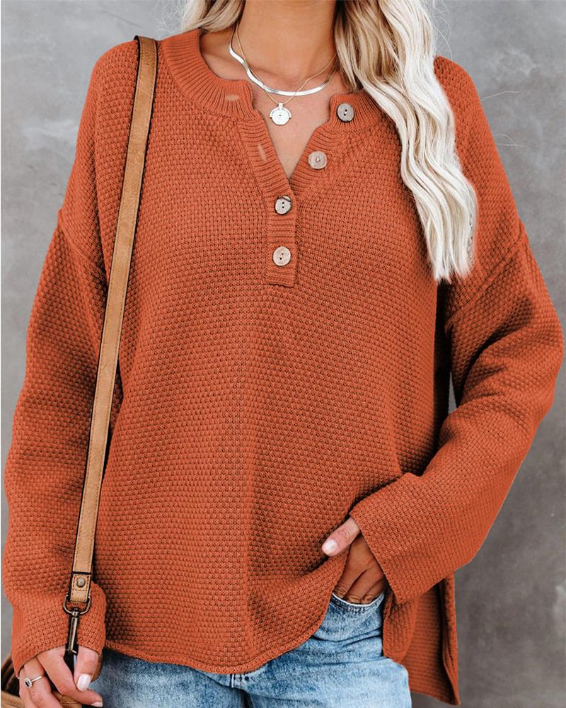 

Long Sleeve Button Front Split Hem Sweater, Orange