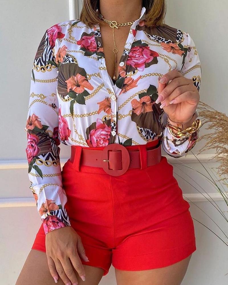 

All Over Print Long Sleeve Shirt With Short Pants Suit Sets, Red
