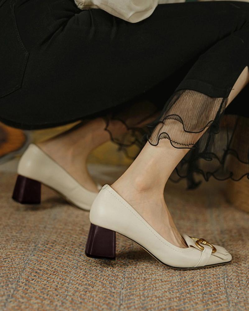 

Metal Buckle Tassel Square Toe Chunky Heels, Beige