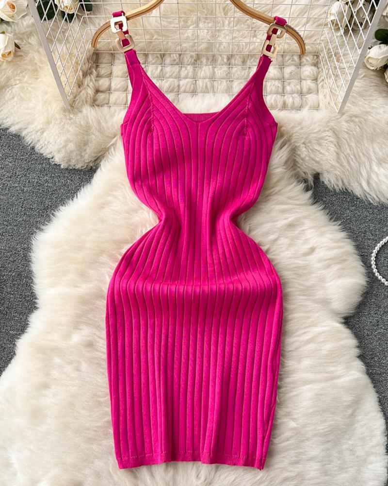 

Chain Strap Slim Waist Knit Dress, Hot pink