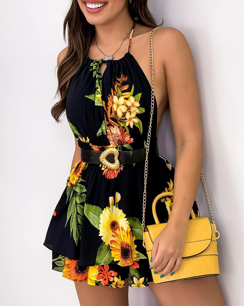 

Halter Floral Print Cutout Front Ruched Dress, Black
