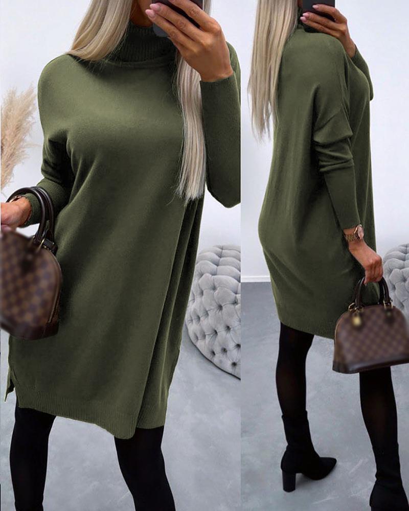 

High Neck Long Sleeve Knit Sweater Dress, Green