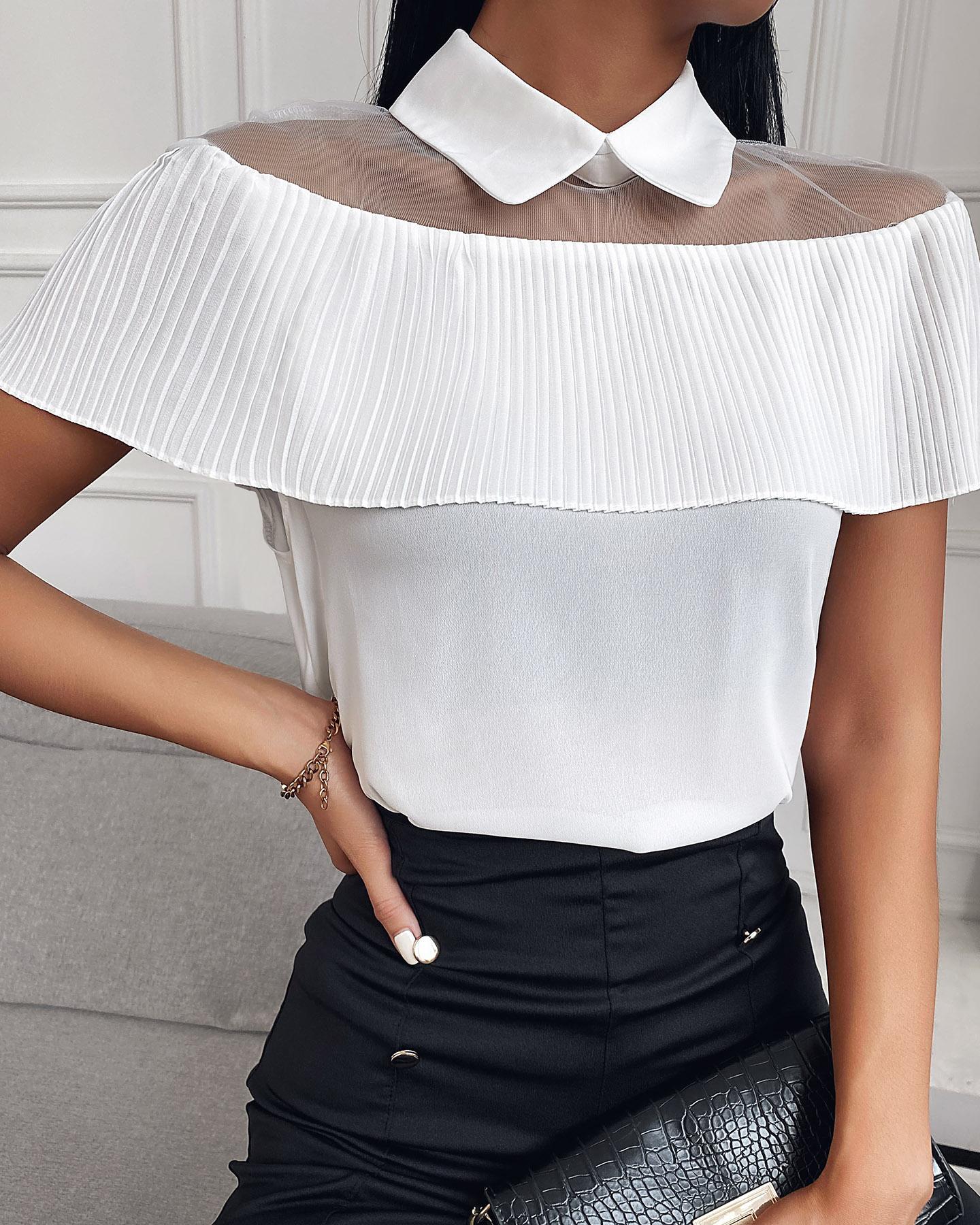 

Plain Sheer Mesh Ruffle Hem Blouse, White