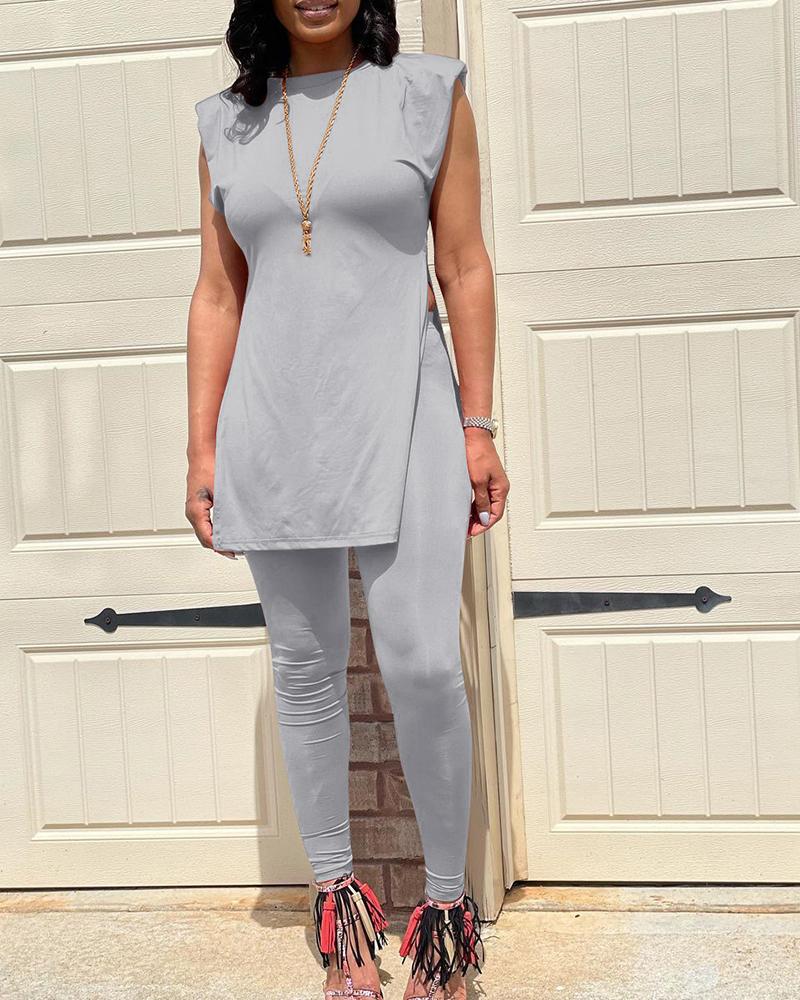 

O Neck Sleeveless Slit Top & Pants Set, Gray