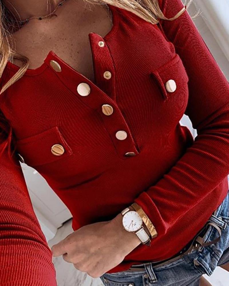 Buttoned Long Sleeve Ribbed Top