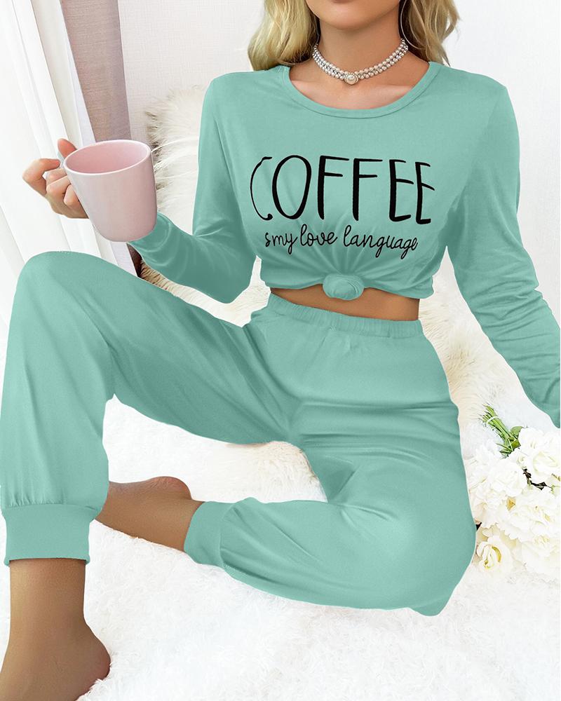 

Slogan Print Round Neck Pajamas Set, Green