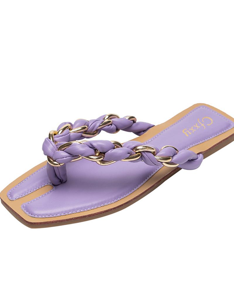

Square Toe Casual Flip-Flops V-strap Flat Slippers, Purple