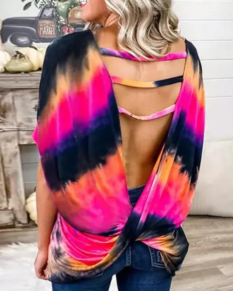 

Cutout Backless Tie Dye Print Top, Hot pink