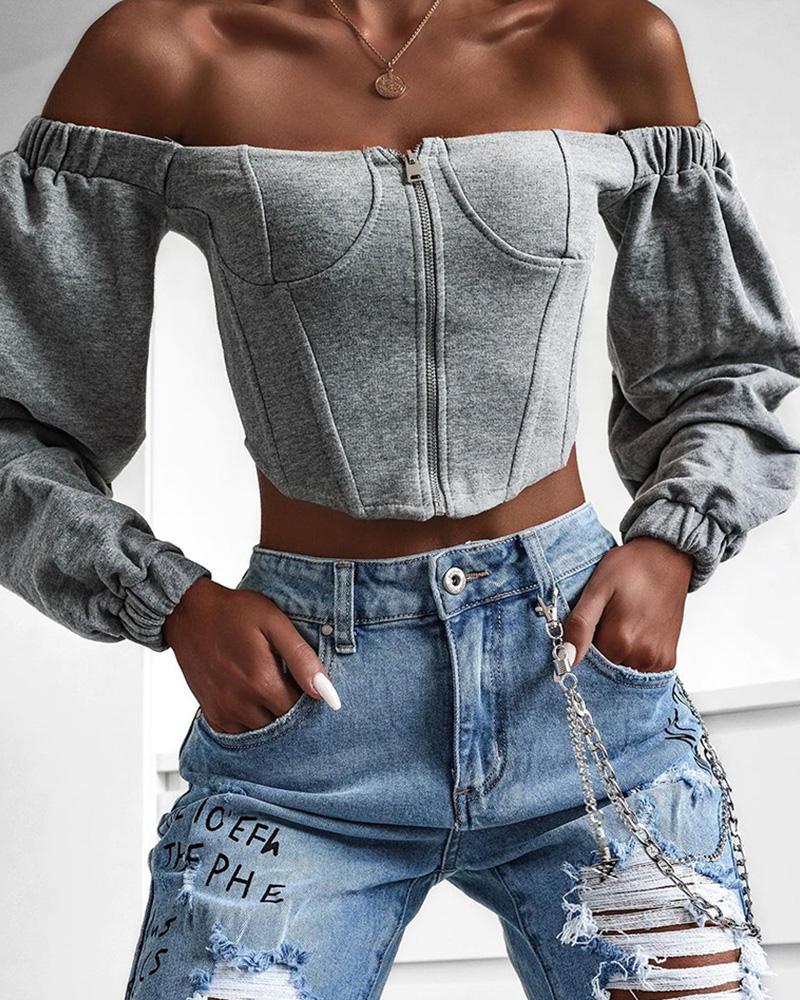 Buy Off Shoulder Zipper Front Corset Crop Top. Picture