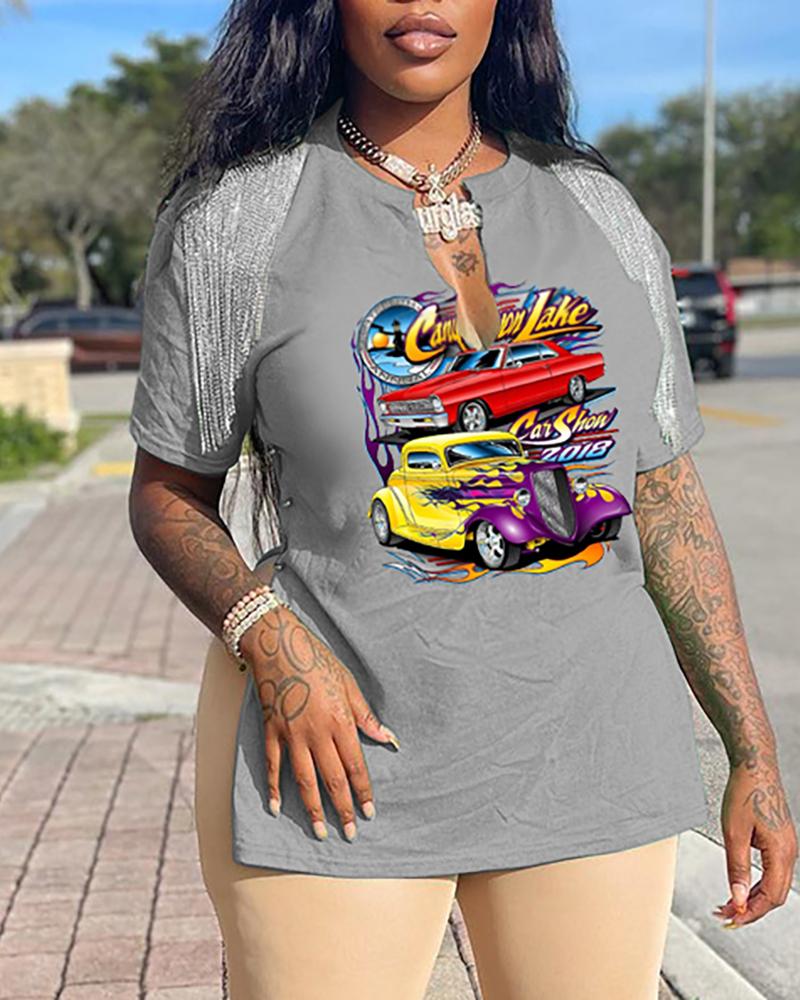 

Letter Car Print Tassel Decor Slit T-shirt, Gray
