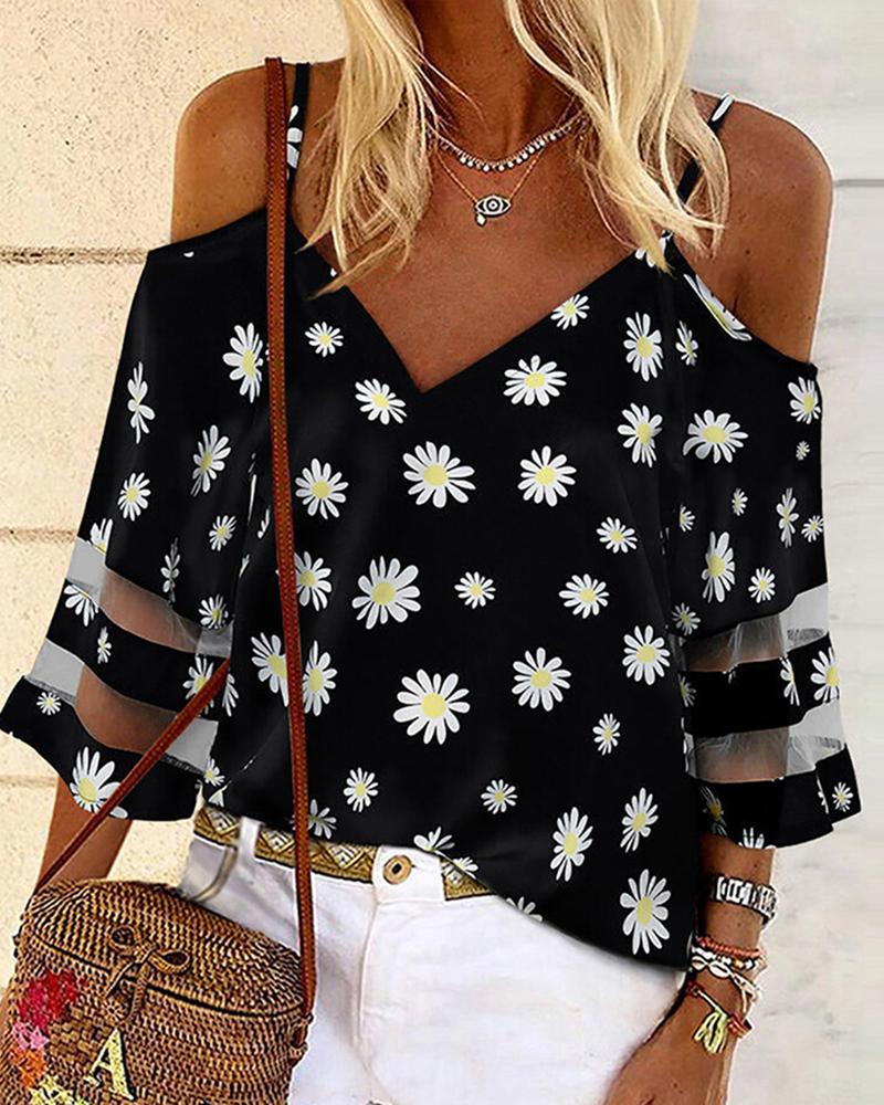 

Cheetah Print Cold Shoulder Sheer Mesh Top, Black