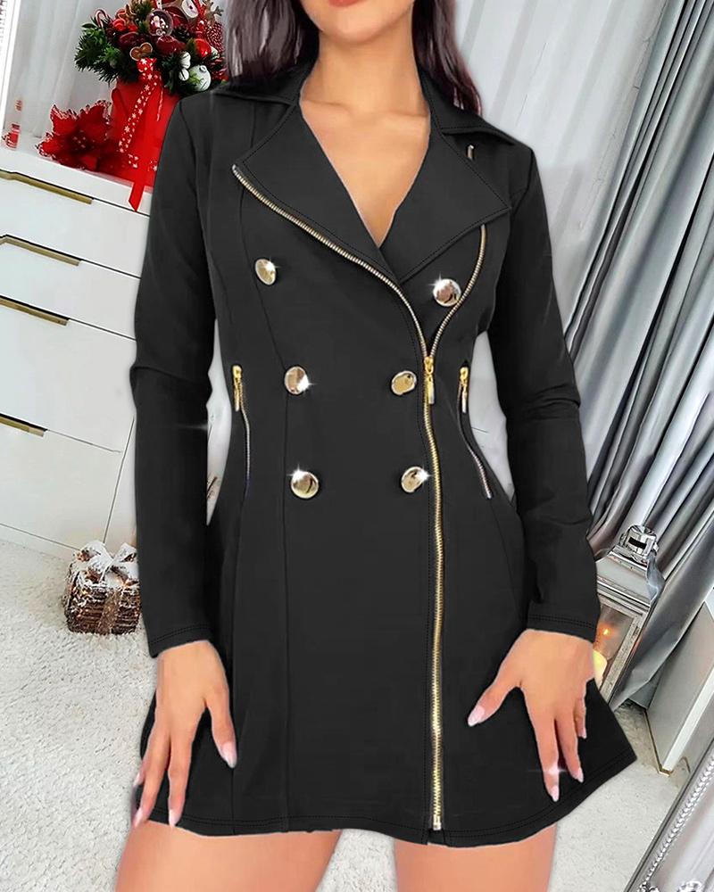 Buttoned Zipper Pocket Design Notched Collar Blazer Dress