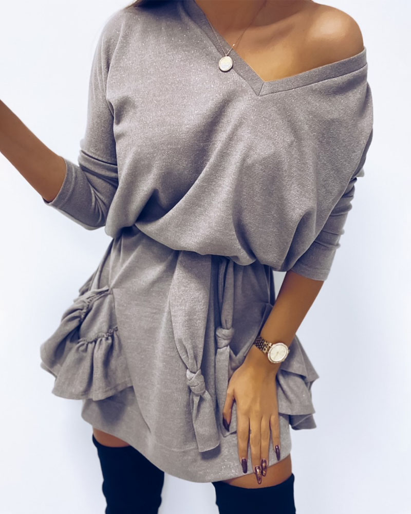 

Long Sleeve Ruffle Hem Glitter Casual Dress, Gray