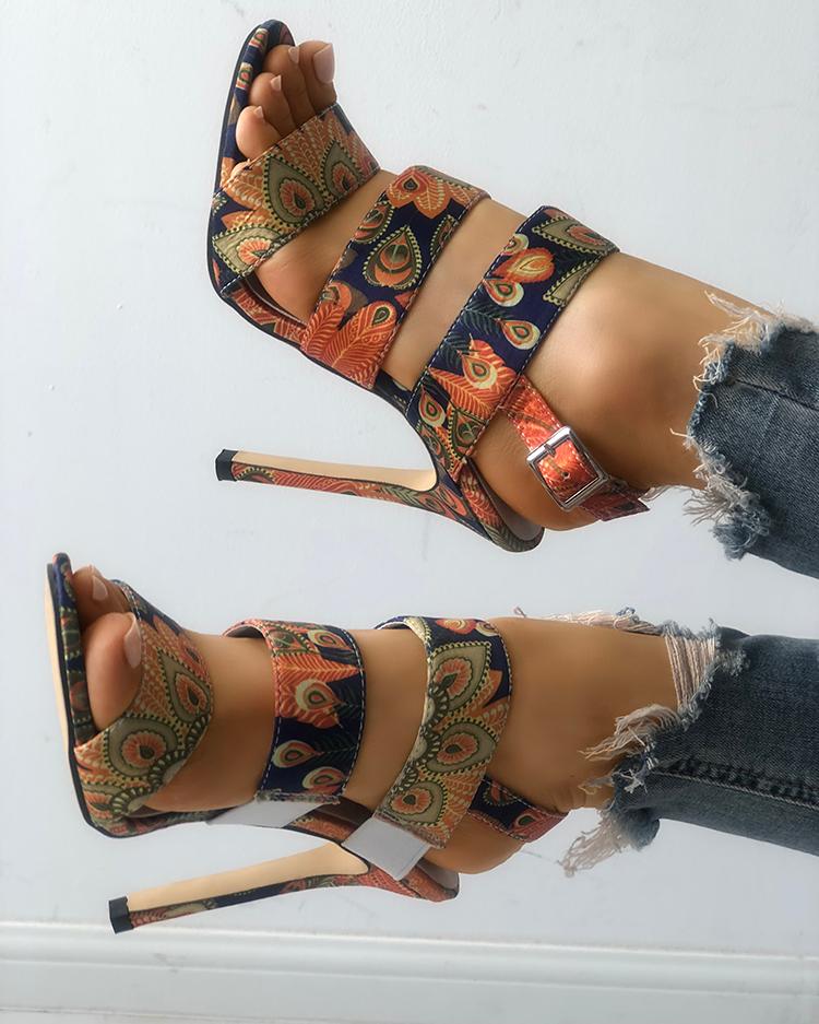 

Peacock Feather Print Bandage Thin Heeled Sandals, Multicolor