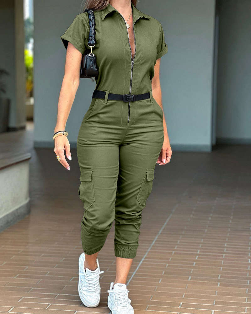 

Turn-down Collar Short Sleeve Zipper Front Cuffed Jumpsuit Casual Pocket Design Cargo Romper, Green