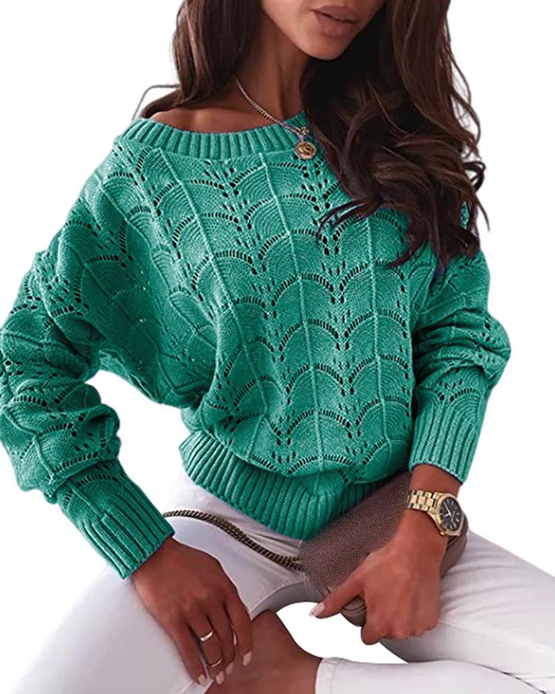 

Hollow Out Long Sleeve Casual Knit Sweater, Green