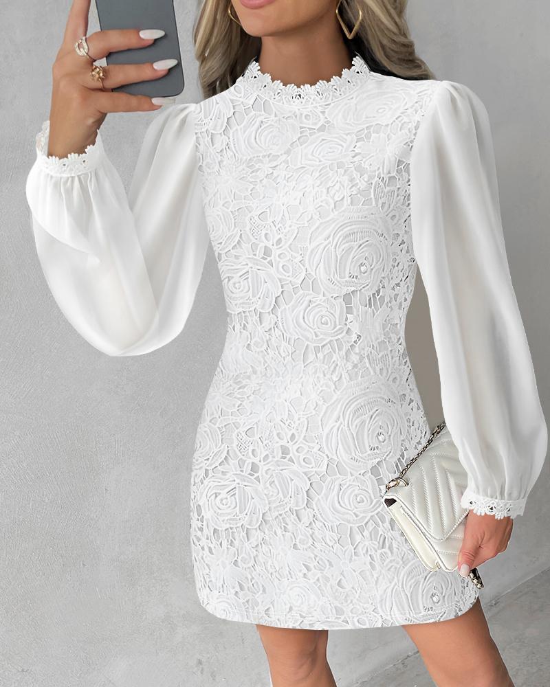 

Chiffon Lace Patch Long Sleeve Casual Dress, White