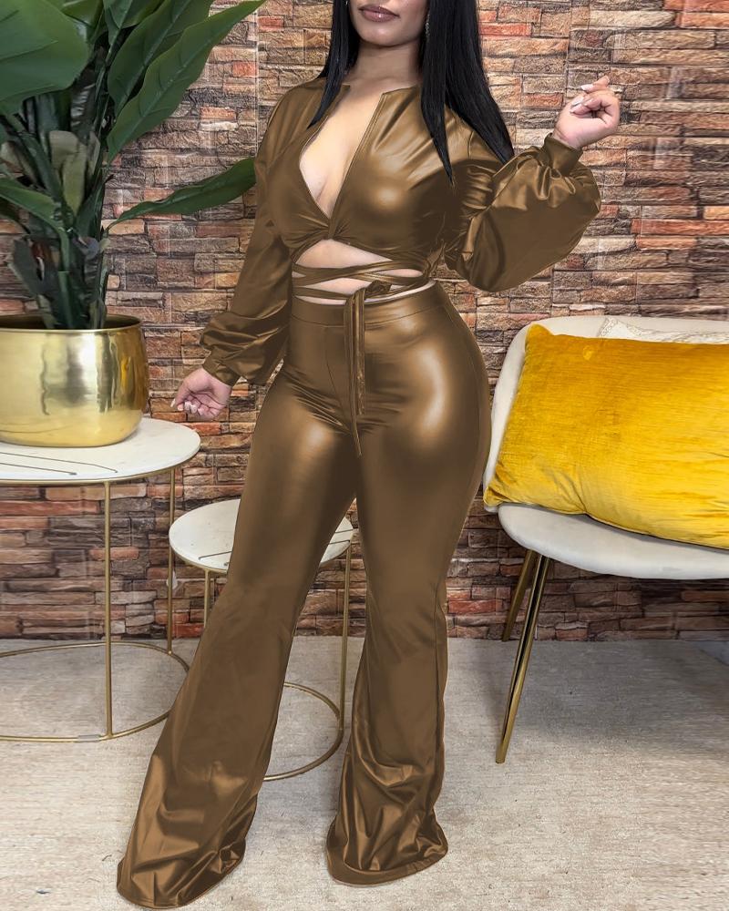 

PU Leather Tied Detail Crisscross Crop Top & Pants Set, Coffee