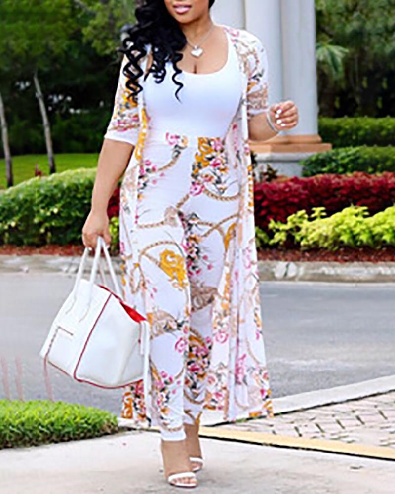

Scarf Floral Print Half Sleeve Coat & High Waist Pants Set, White