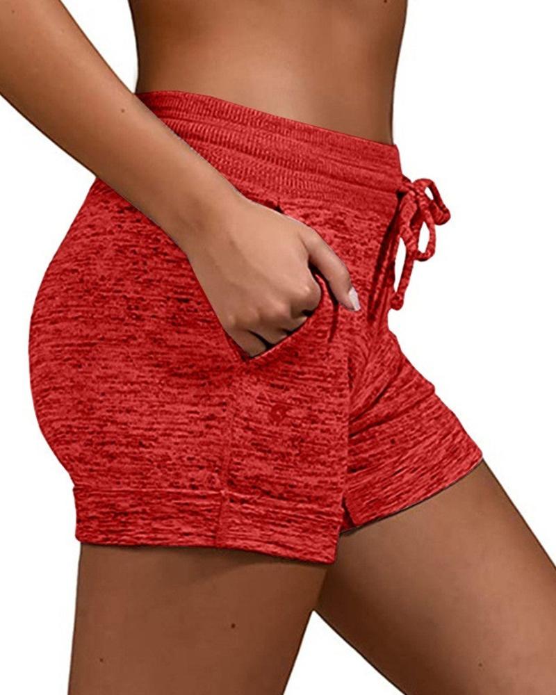 

Plain Drawstring Basic Yoga Shorts, Red