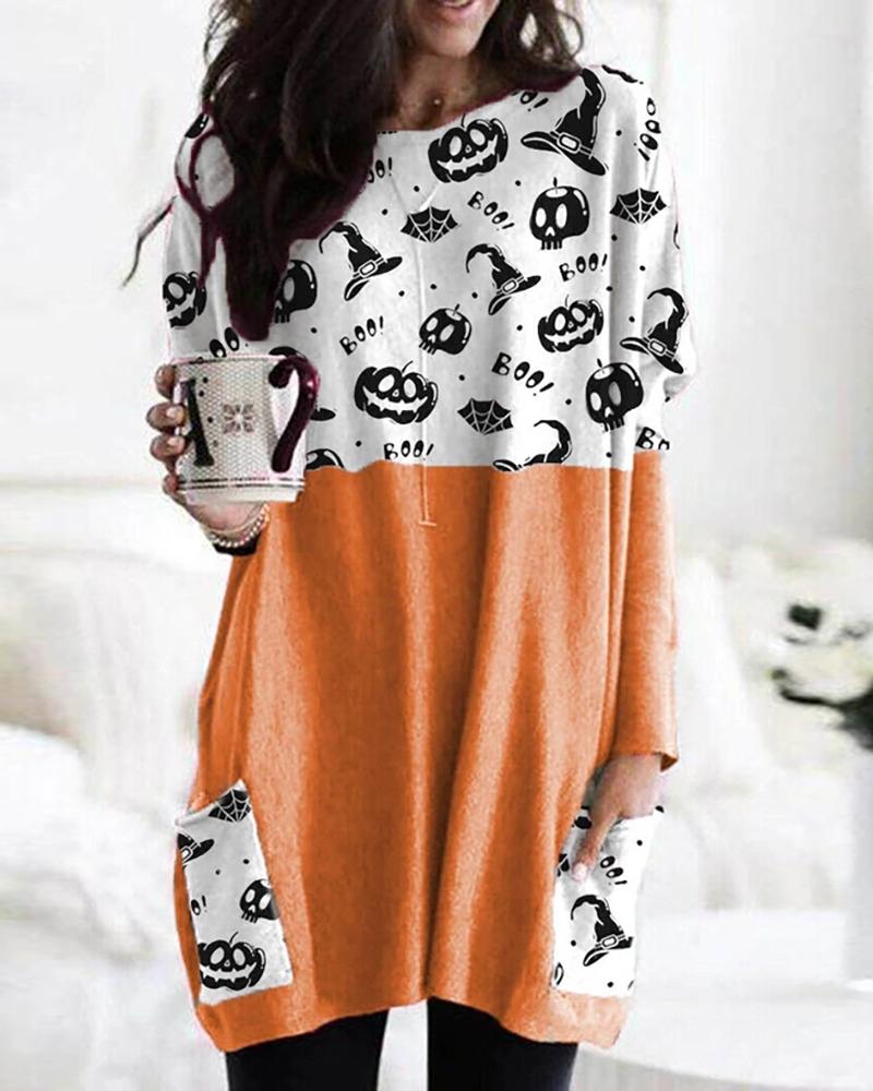 

Halloween Pumpkin Hat Print Colorblock Women Top, Orange