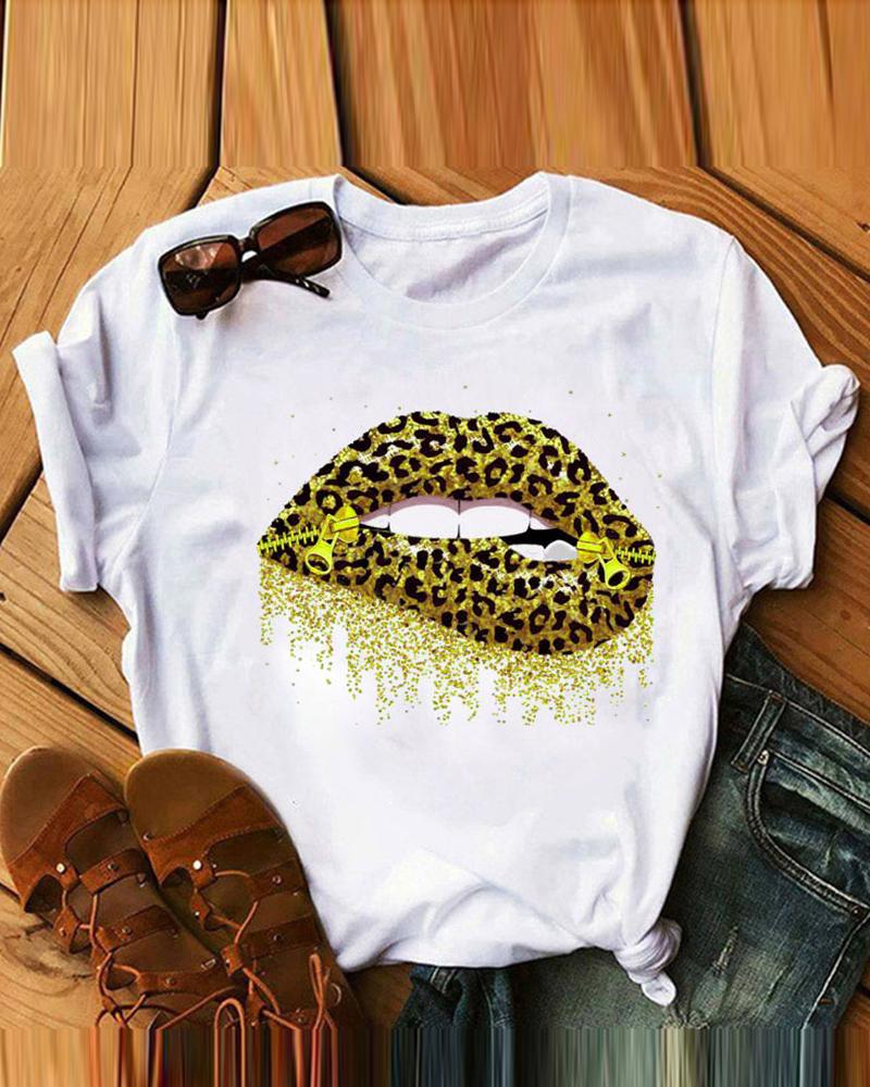 

Women's Stylish Leopard Lip Print Short Sleeve T-shirt, White
