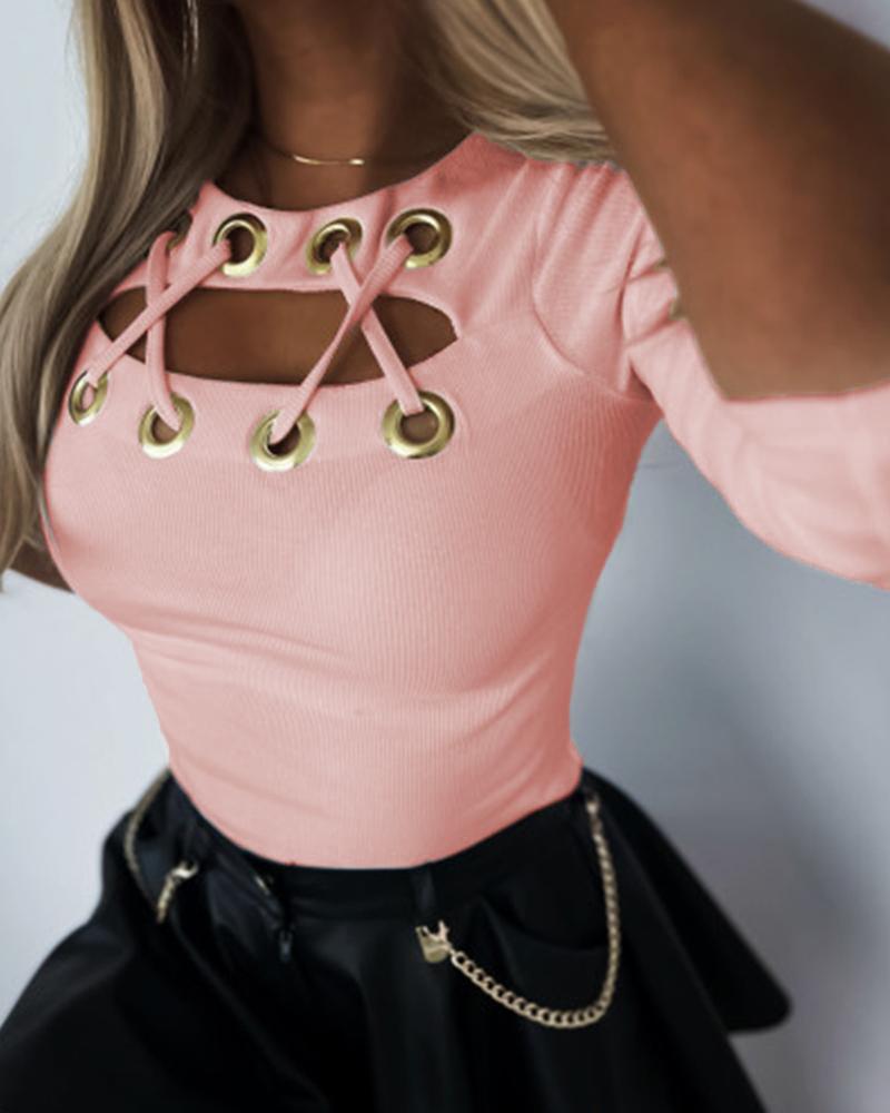 

Eyelet Lace-up Skinny Long Sleeve Top, Pink